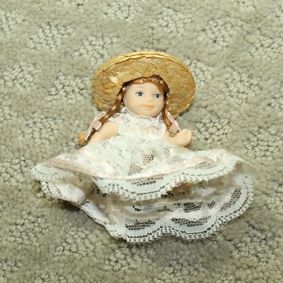 Vintage Ceramic 2.5" Doll in Lace Dress & Straw Hat - Picture 1 of 6